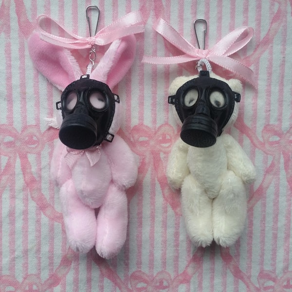 Creepycute kawaii gasmask teddy bear bunny plush toy keychain