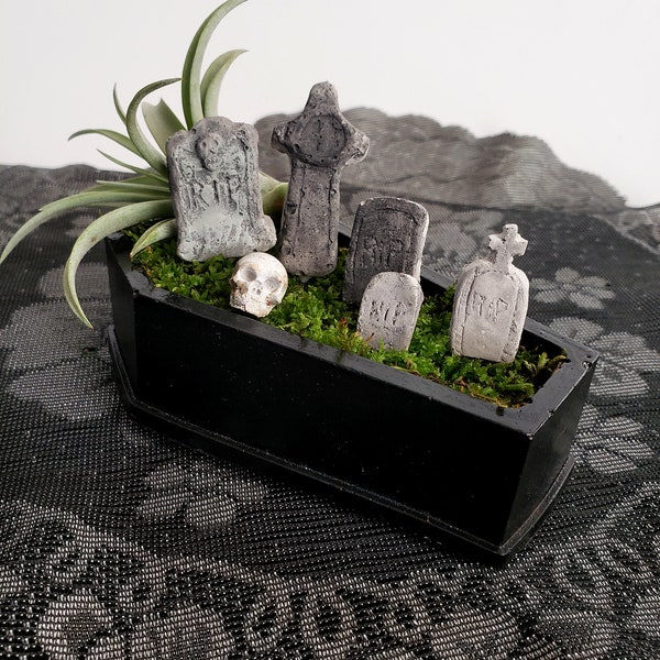 Coffin casket spooky moss mini cemetery planter halloween decor