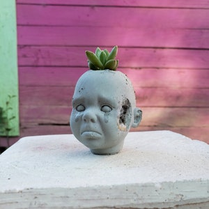May include: A grey concrete planter in the shape of a crying baby doll's head, with a succulent plant sprouting from the top. The doll head has a distressed look with a hole in the ear. The planter is on a white surface.