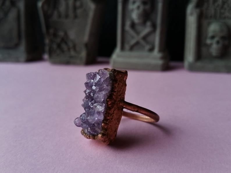 Raw natural purple amethyst cluster crystal point copper electroformed ring