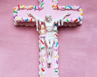 Pink cake SWEET JESUS crucifix cross with Jesus wallhanging sprinkles frosting fake sweets pop art kawaii cute decor