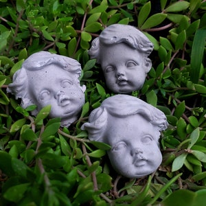Könnte beinhalten: Drei graue Beton-Cherub-Figuren mit detaillierten Gesichtern und Haaren. Die Cherubim sind in einer Gruppe auf einem Bett aus grünem Laub angeordnet.