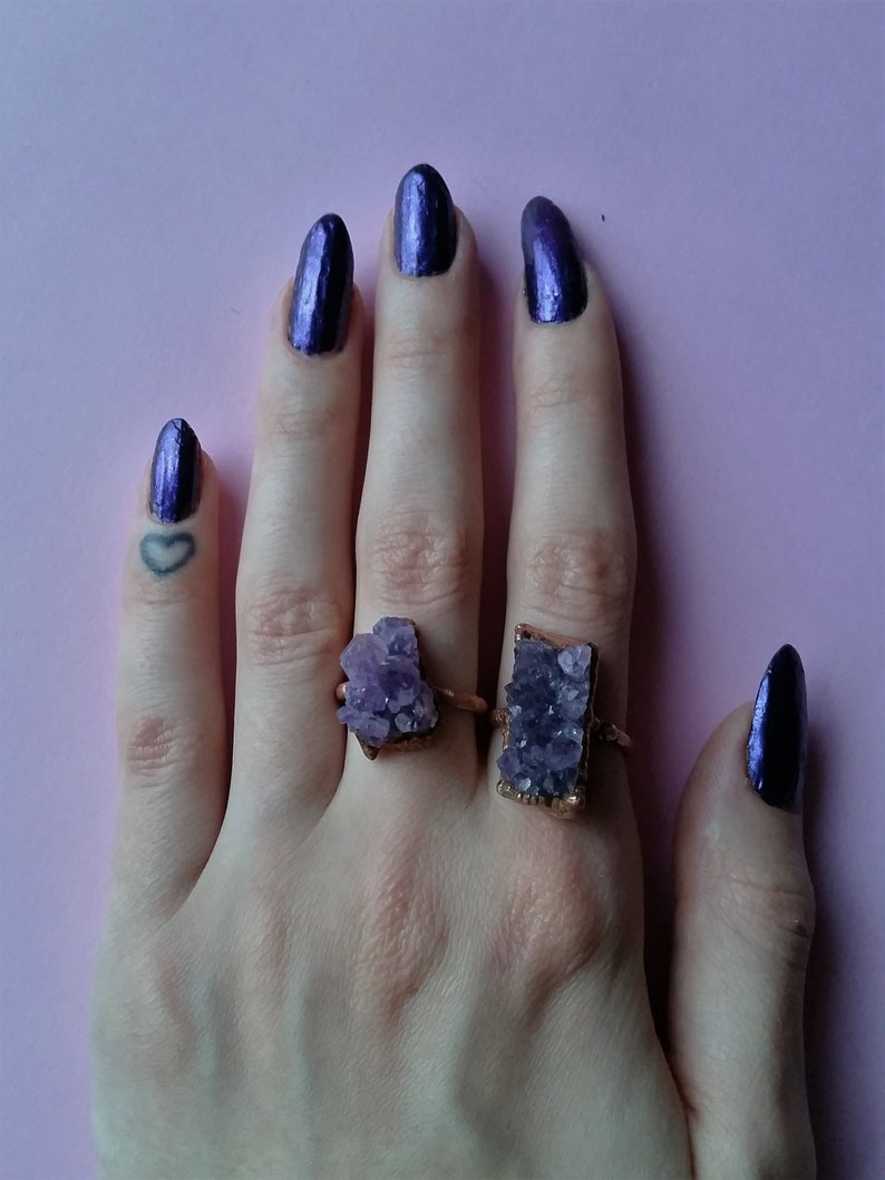 Raw natural purple amethyst cluster crystal point copper electroformed ring