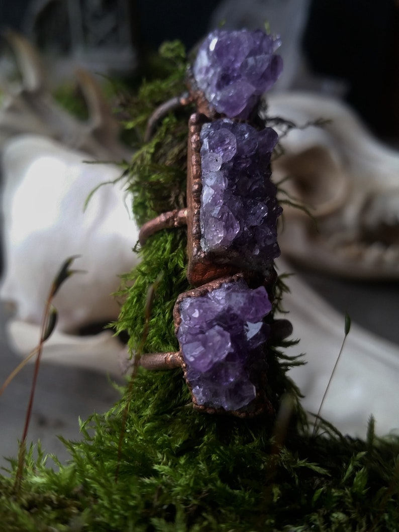 Raw natural purple amethyst cluster crystal point copper electroformed ring