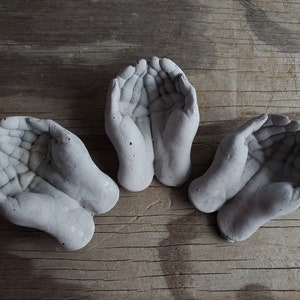 May include: Three gray concrete hand-shaped dishes, each with a slightly different shape and texture. The dishes are arranged in a triangular pattern on a wooden surface.