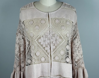 Upcycled Vintage Lace Tablecloth Jacket, Ruffled Sleeve Coat