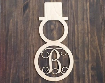 12" Wood Snowman Shape Single letter Curly Monogram Laser Cutout Custom Initial Unfinished
