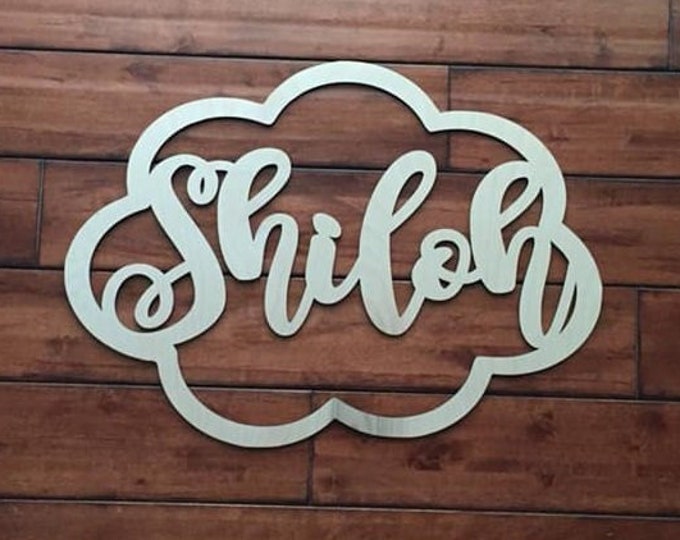 12" Wood Custom Cursive Name Laser Cutout Pregnancy Birth Announcement Nursery New Baby Little Girl Boy Room Cloud Unfinished