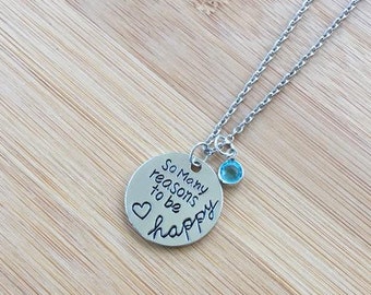 So Many Reasons to be Happy Stamped Necklace  Heart adjustable chain Inspirational round disc charm