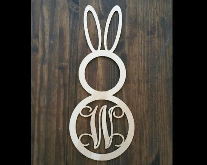 12" Wood Bunny Shape Single letter Curly Monogram Laser Cutout Custom Initial Unfinished Easter Spring