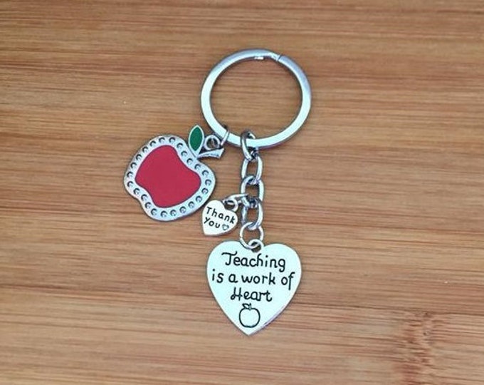 Teaching is a work of heart keychain heart red apple charm teacher gift appreciation thank you end of year