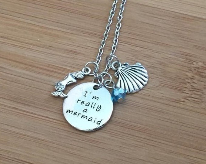 I'm really a mermaid Stamped Necklace beach sea shell blue adjustable chain charm summer vacation