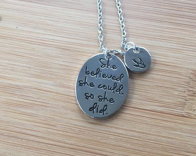 She Believed She Could So She Did Stamped Necklace bird charm adjustable chain Inspirational oval round disc layered