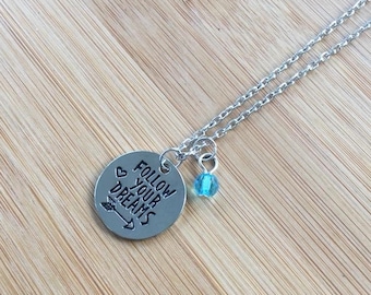 Follow Your Dreams Stamped Necklace Arrow Heart adjustable chain Inspirational round disc charm