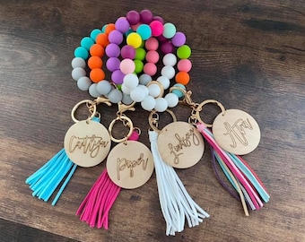 Personalized Silicone Bead Wristlet Engraved Wood Disc Name Custom Gift Rainbow Blue Pink Purple