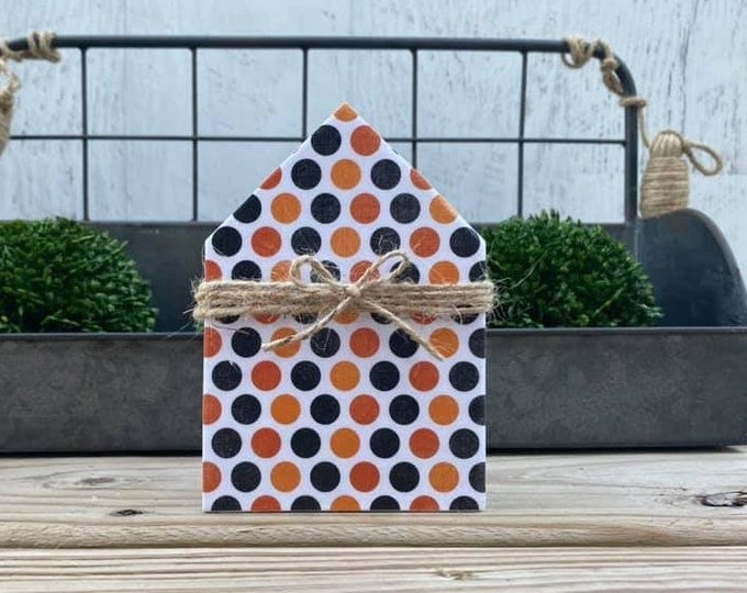 Mini 5x3.5" Orange Black Polka Dot Jute Simple Shelf Sitter Sign Handmade Tiered Tray Decor Halloween