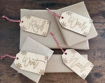 Set of 4 Want Need Wear Read Wood Christmas Gift Tags Minimalist Tradition Reusable Laser Engraved Keepsake Rustic Farmhouse