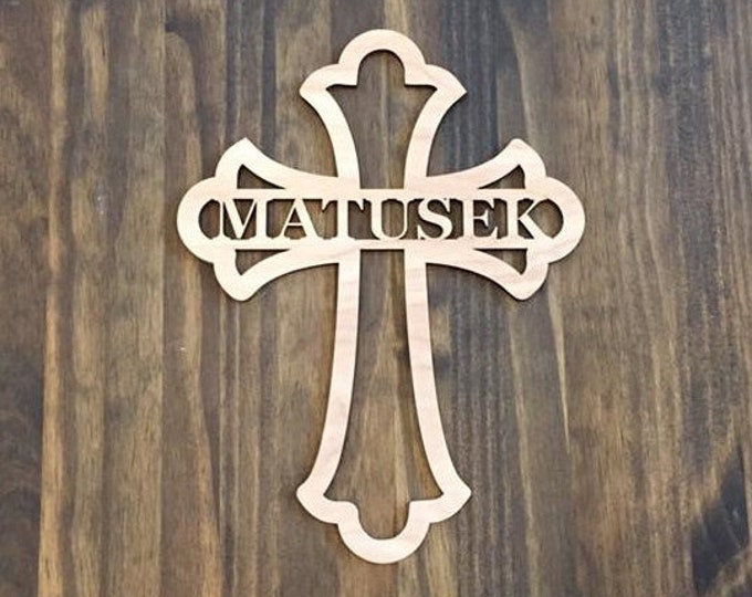 18" Wood Cross Custom Fancy Shape Last Name Laser Cutout Unfinished