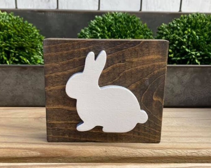 Mini 4x3.5" White Bunny 3d Distressed Simple Shelf Sitter Sign Handmade Tiered Tray Easter Spring Rabbit Stained Wood