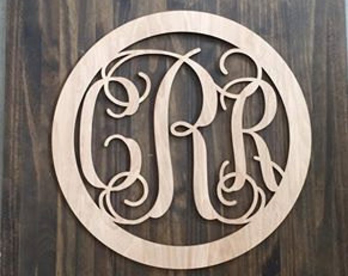 18" Wood 3 letter Curly Monogram Laser Cutout Shape Custom Initials Circle Unfinished