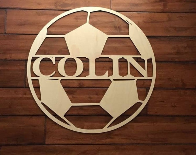 18" Wood Soccer Ball Last Name Team Name Laser Cutout Sport Shape Unfinished