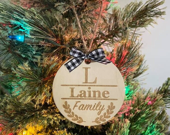 Custom Last Name Family Wood Ornament Laser Engraved Natural Christmas Gift Wedding Anniversary Housewarming Buffalo Plaid Personalized