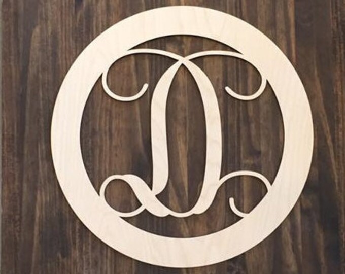 12" Wood Single letter Curly Monogram Laser Cutout Shape Custom Initial Circle Unfinished