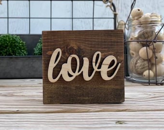 Mini 4x3.5" Cursive Love Simple Shelf Sitter Sign Handmade 3d Laser Cut Wood Stained Tiered Tray Decor
