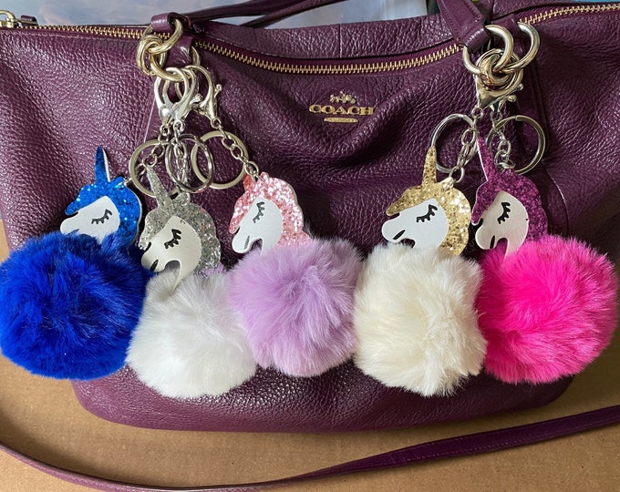 Unicorn glitter pom pom keychains plush silver gold blue pink purple fluffy