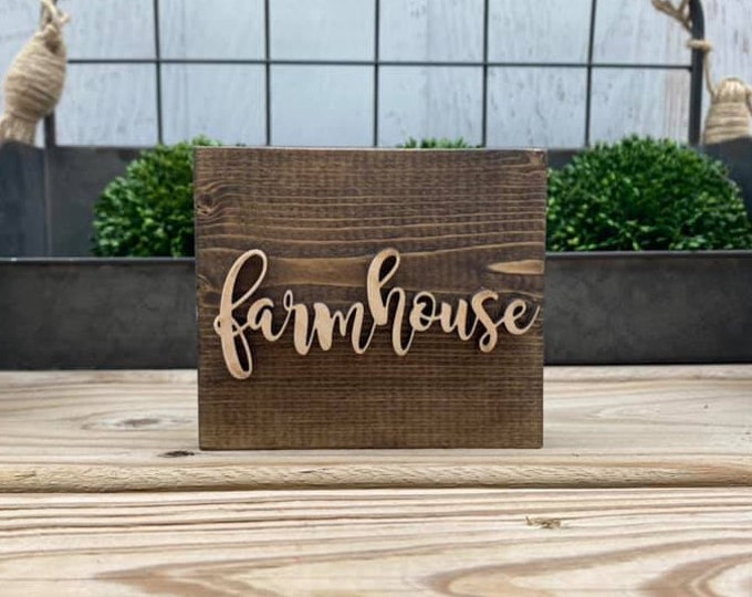 Mini 4x3.5" Cursive Farmhouse Simple Shelf Sitter Sign Handmade 3d Laser Cut Wood Stained Tiered Tray Decor