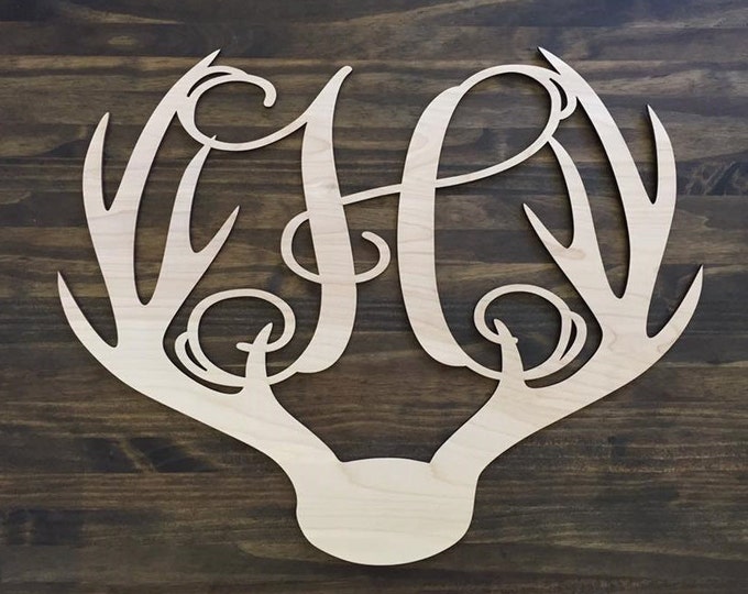 18" Wood Deer Antler Monogram Initial Laser Cutout Shape Unfinished