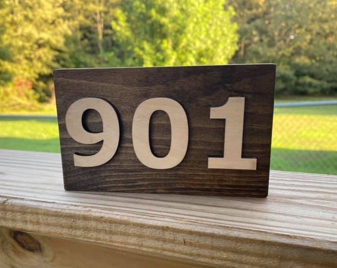 Area Code Simple Shelf Sitter Sign 6"x3.5" Handmade 3d Laser Cut Wood Stained Tiered Tray Decor