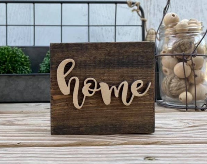 Mini 4x3.5" Cursive Home Simple Shelf Sitter Sign Handmade 3d Laser Cut Wood Stained Tiered Tray Decor