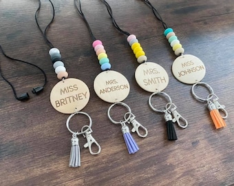 Personalized Teacher Lanyard Breakaway Clasp Silicone Beads Tassel Wood Disc Laser Engraved Gift End of The Year Appreciation Badge Holder