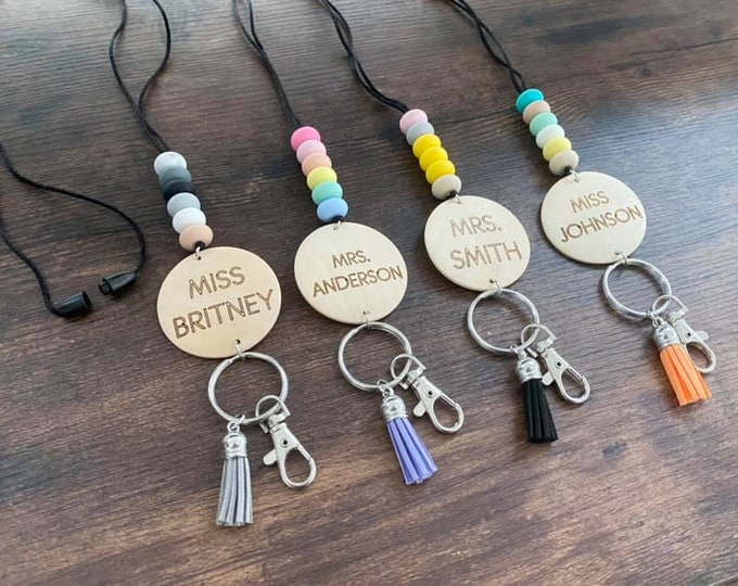 Personalized Teacher Lanyard Breakaway Clasp Silicone Beads Tassel Wood Disc Laser Engraved Gift End of The Year Appreciation Badge Holder
