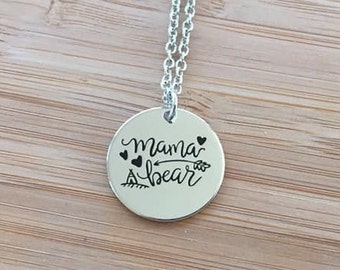 Mama Bear Stamped Round Disc Necklace Silver Color Adjustable Chain Mother's Day Gift Heart Arrow