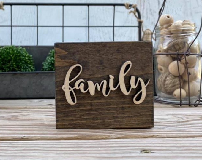 Mini 4x3.5" Cursive Family Simple Shelf Sitter Sign Handmade 3d Laser Cut Wood Stained Tiered Tray Decor