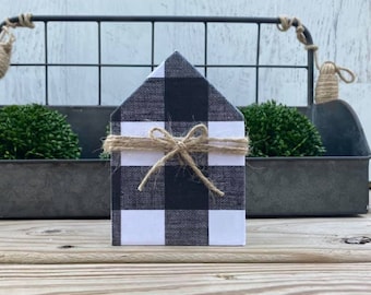 Mini 5x3.5" Buffalo Plaid White Black Wood House Jute Simple Shelf Sitter Sign Handmade Tiered Tray Decor Christmas