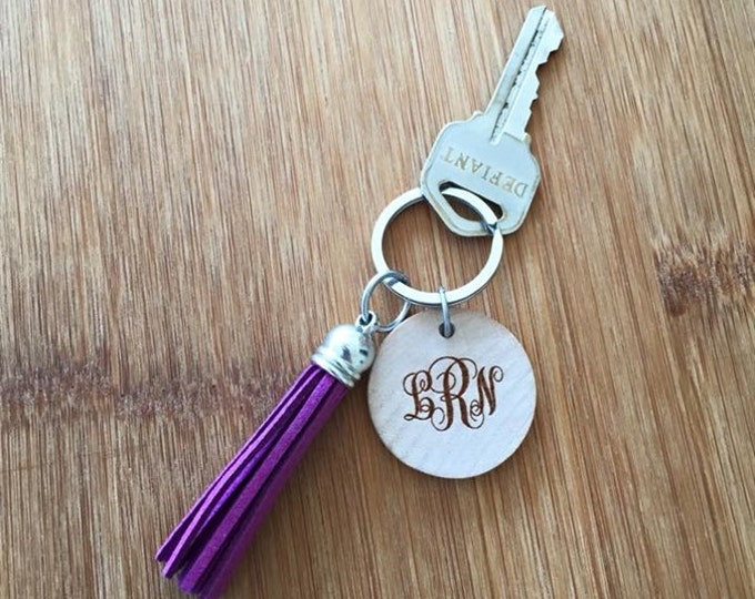 Laser Engraved Wood Disc 3 Letter Monogram Tassel Keychain