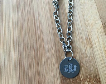 Engraved Curly Monogram Stainless Steel Disc Pendant Bracelet Anklet