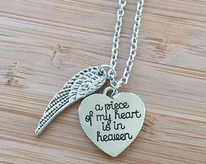 A Piece of my Heart is in Heaven Stamped Necklace Cursive Wing charm adjustable chain