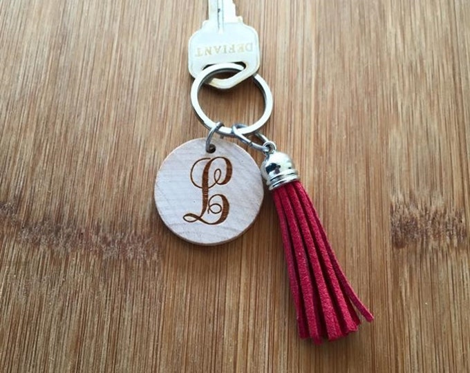 Single Letter Engraved Wood Disc Tassel Keychain