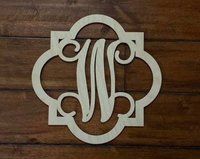 12" Wood Quatrefoil Single letter Curly Monogram Laser Cutout Shape Custom Initial Unfinished