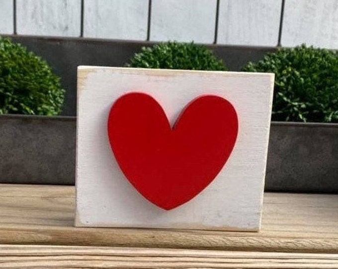 Mini 4x3.5" Red Heart 3d White Distressed Simple Shelf Sitter Sign Handmade Tiered Tray Love Valentines Day February 14