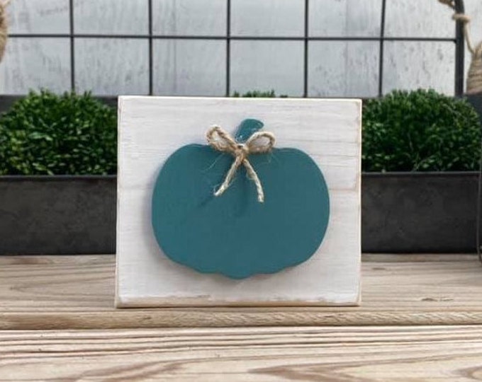 Mini 4x3.5" Teal Pumpkin Fall 3d White Distressed Simple Shelf Sitter Sign Handmade Tiered Tray Decor Jute