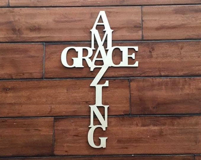 Laser Cut Wood Amazing Grace Word 18" tall Cross Unfinished