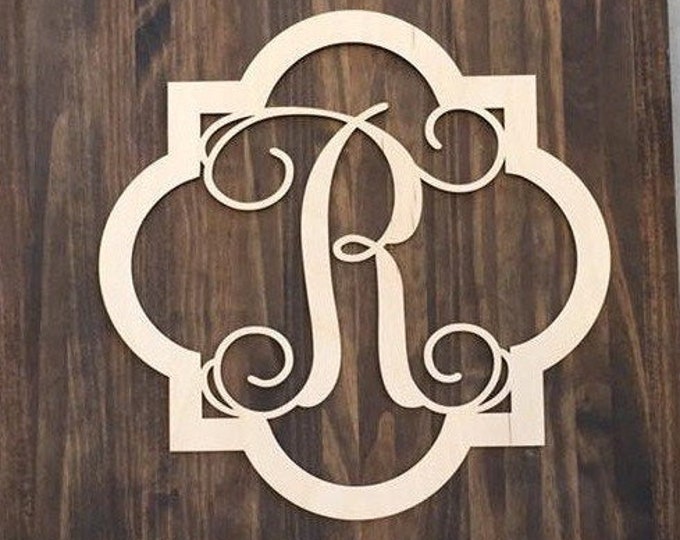 18" Wood Quatrefoil Single letter Curly Monogram Laser Cutout Shape Custom Initial Unfinished