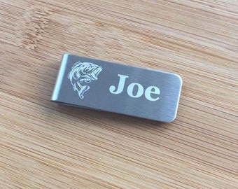 Bass Fish Engraved Custom Money Clip Name or Monogram Stainless Steel Men's