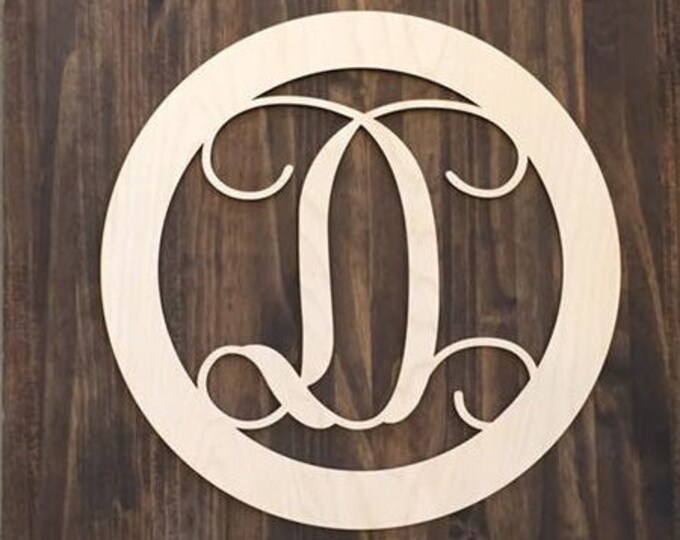 18" Wood Single letter Curly Monogram Laser Cutout Shape Custom Initial Circle Unfinished