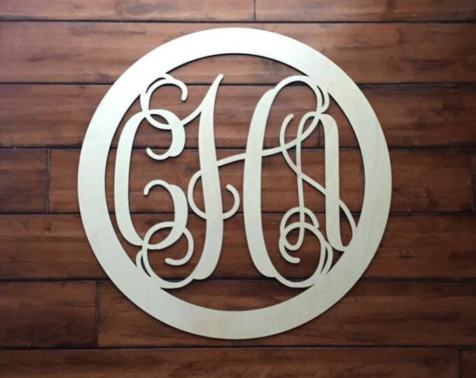 12" Wood 3 letter Curly Monogram Laser Cutout Shape Custom Initials Circle Unfinished